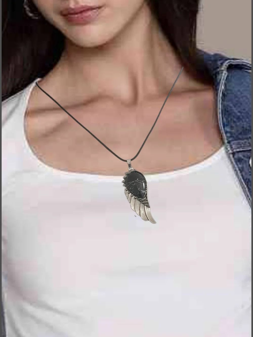 Elegant Silver Wing Natural Stone Pendant w/ Cord Necklace NWOT